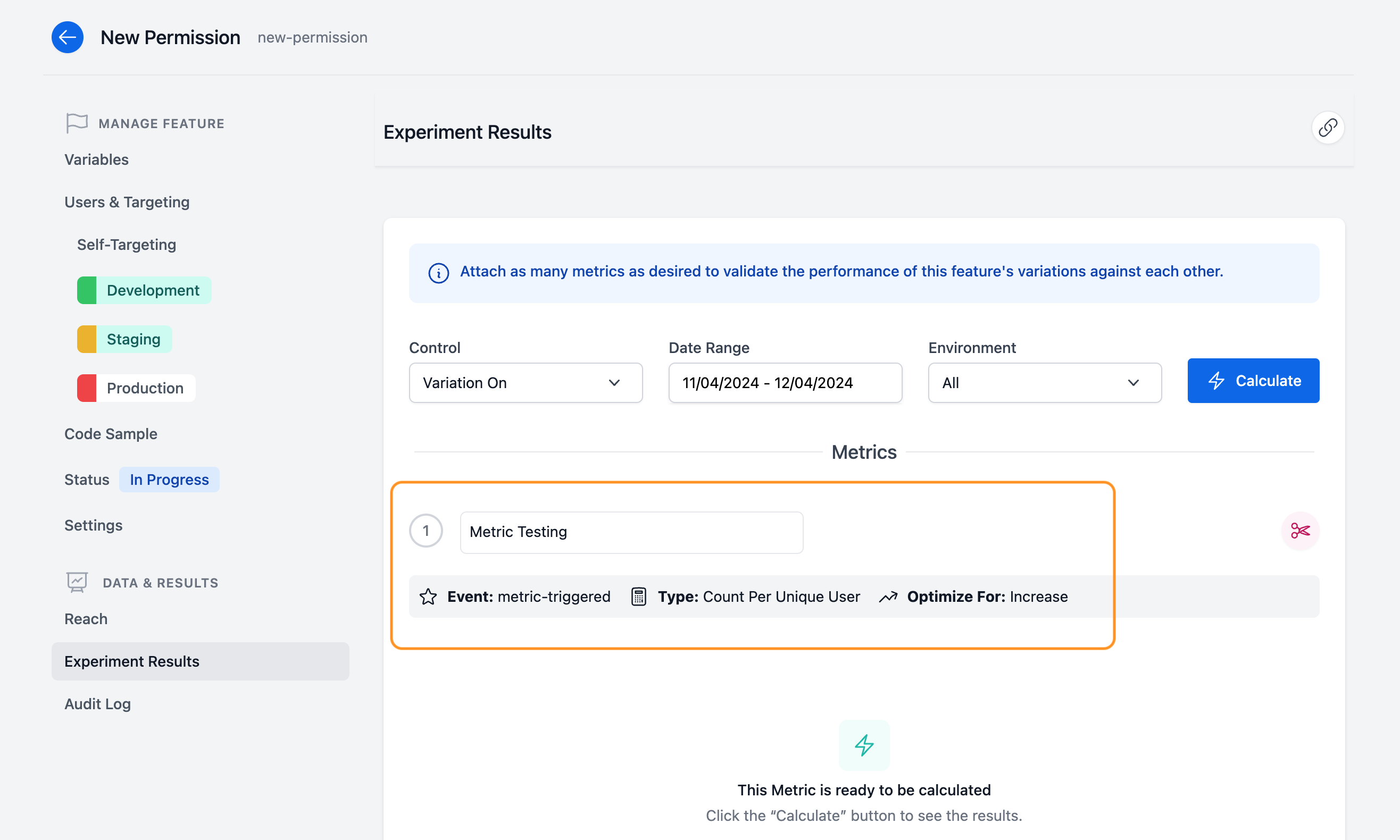 &quot;Metric Testing&quot; metric selected from the metrics dropdown