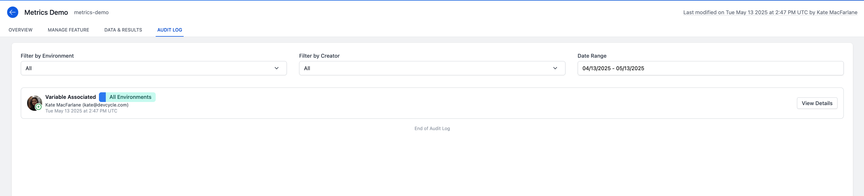 Audit Log Tab on Feature Page